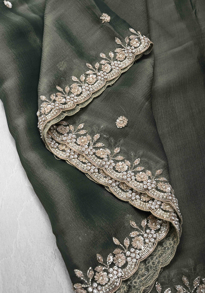 Grayish-Green Shimmer Organza Saree with Sequins, Cutdana Work and Scallop Border