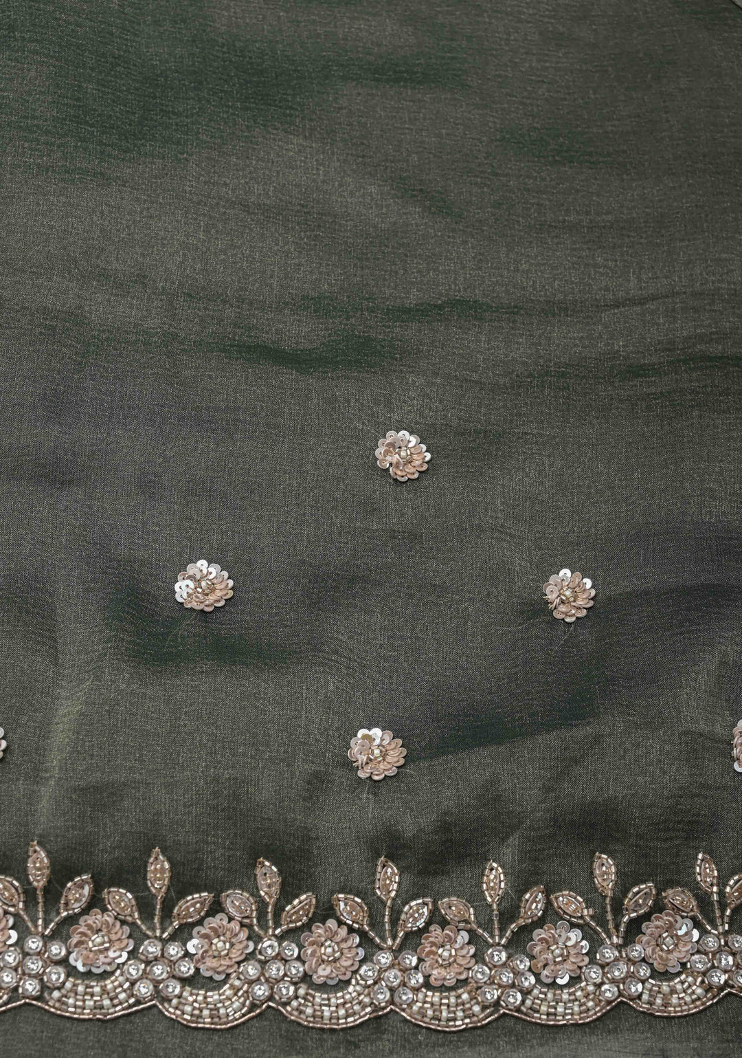 Grayish-Green Shimmer Organza Saree with Sequins, Cutdana Work and Scallop Border
