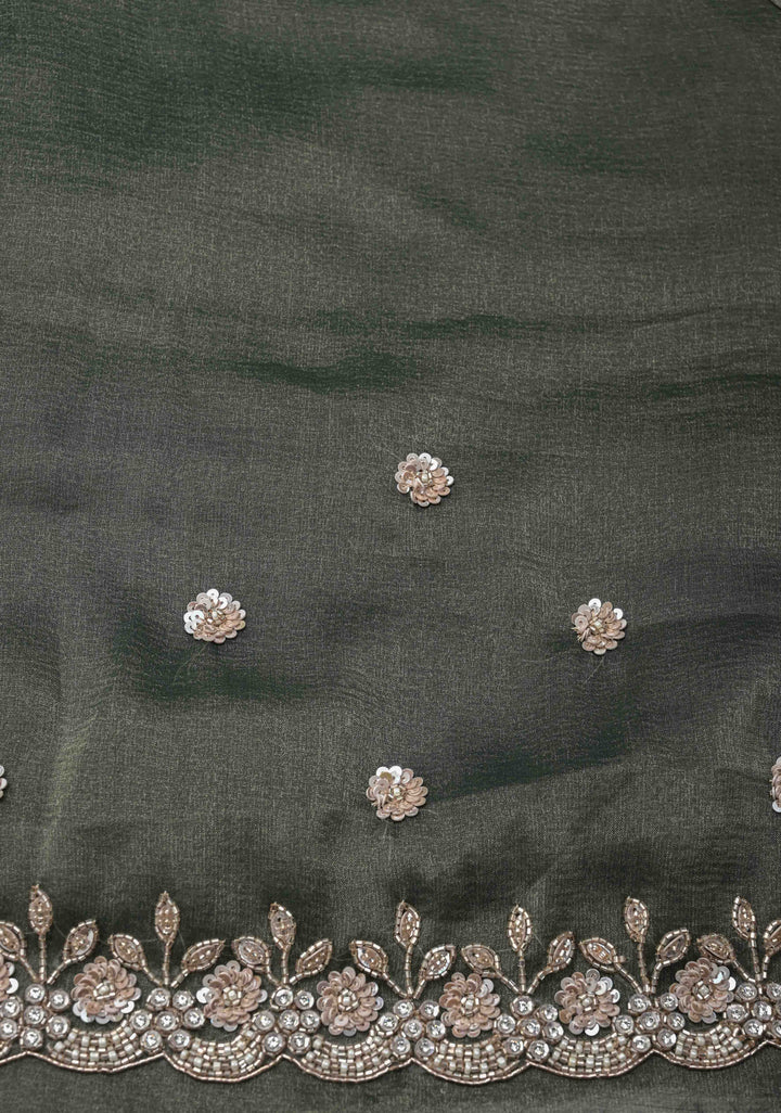 Grayish-Green Shimmer Organza Saree with Sequins, Cutdana Work and Scallop Border
