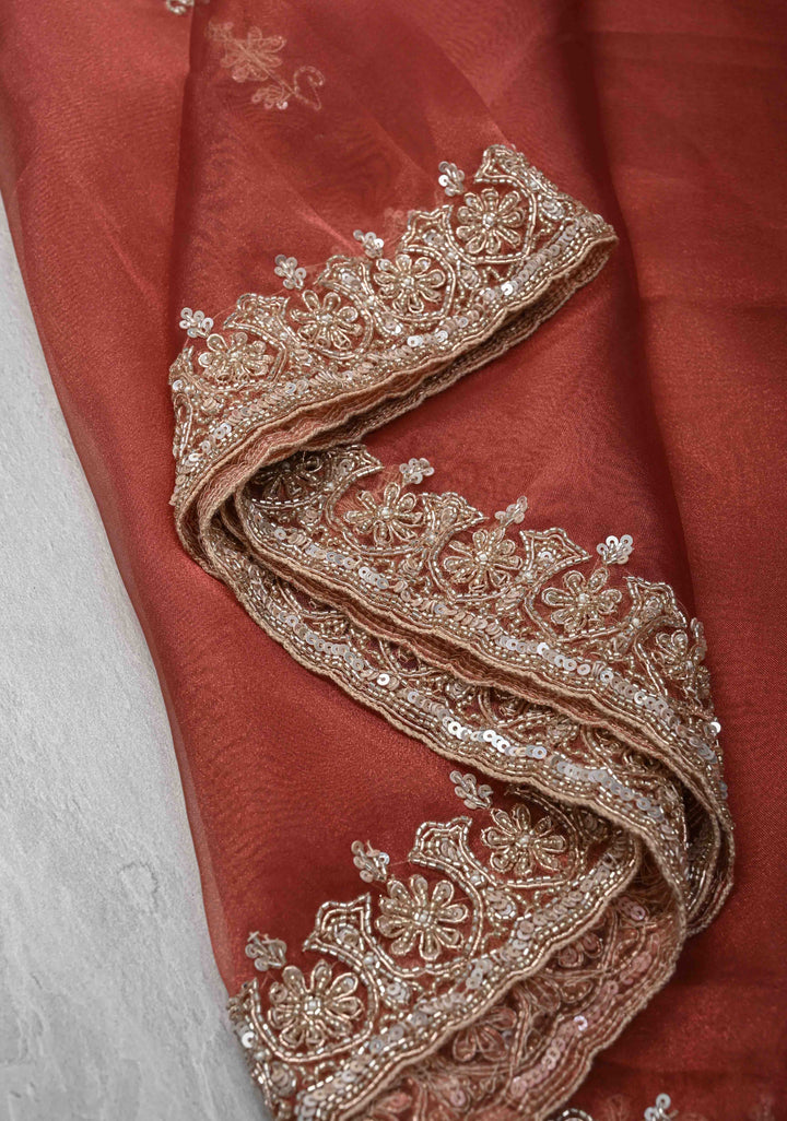 Rose Vale Tissue Organza Saree with Sequins, Cutdana, Moti Work and Scallop Border
