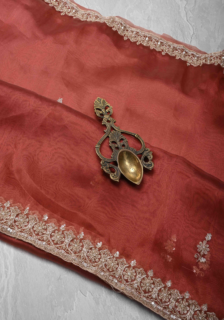 Rose Vale Tissue Organza Saree with Sequins, Cutdana, Moti Work and Scallop Border