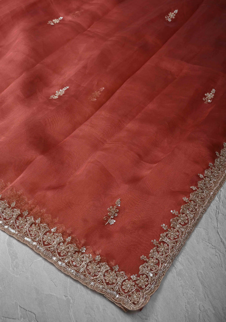 Rose Vale Tissue Organza Saree with Sequins, Cutdana, Moti Work and Scallop Border