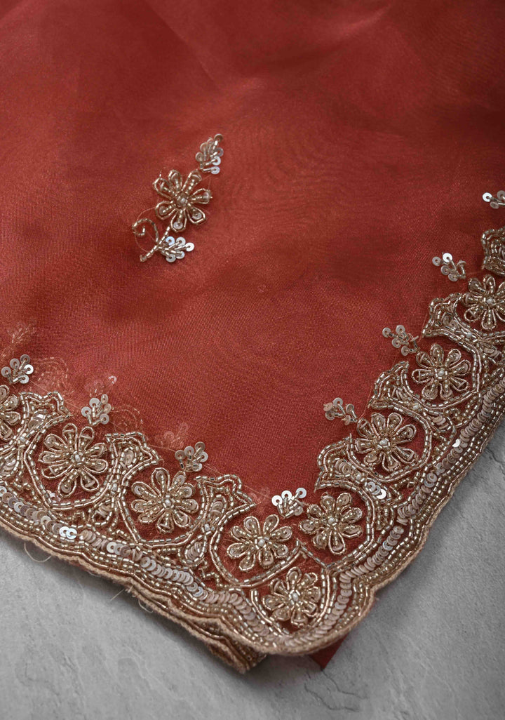 Rose Vale Tissue Organza Saree with Sequins, Cutdana, Moti Work and Scallop Border