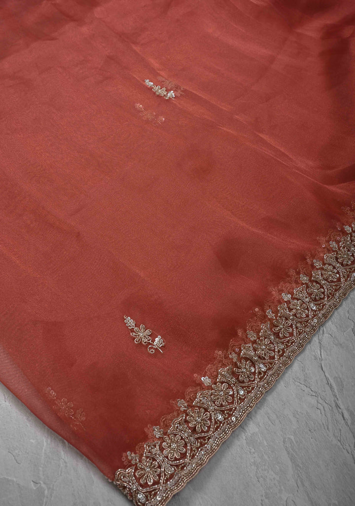 Rose Vale Tissue Organza Saree with Sequins, Cutdana, Moti Work and Scallop Border