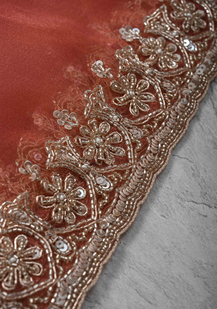 Rose Vale Tissue Organza Saree with Sequins, Cutdana, Moti Work and Scallop Border
