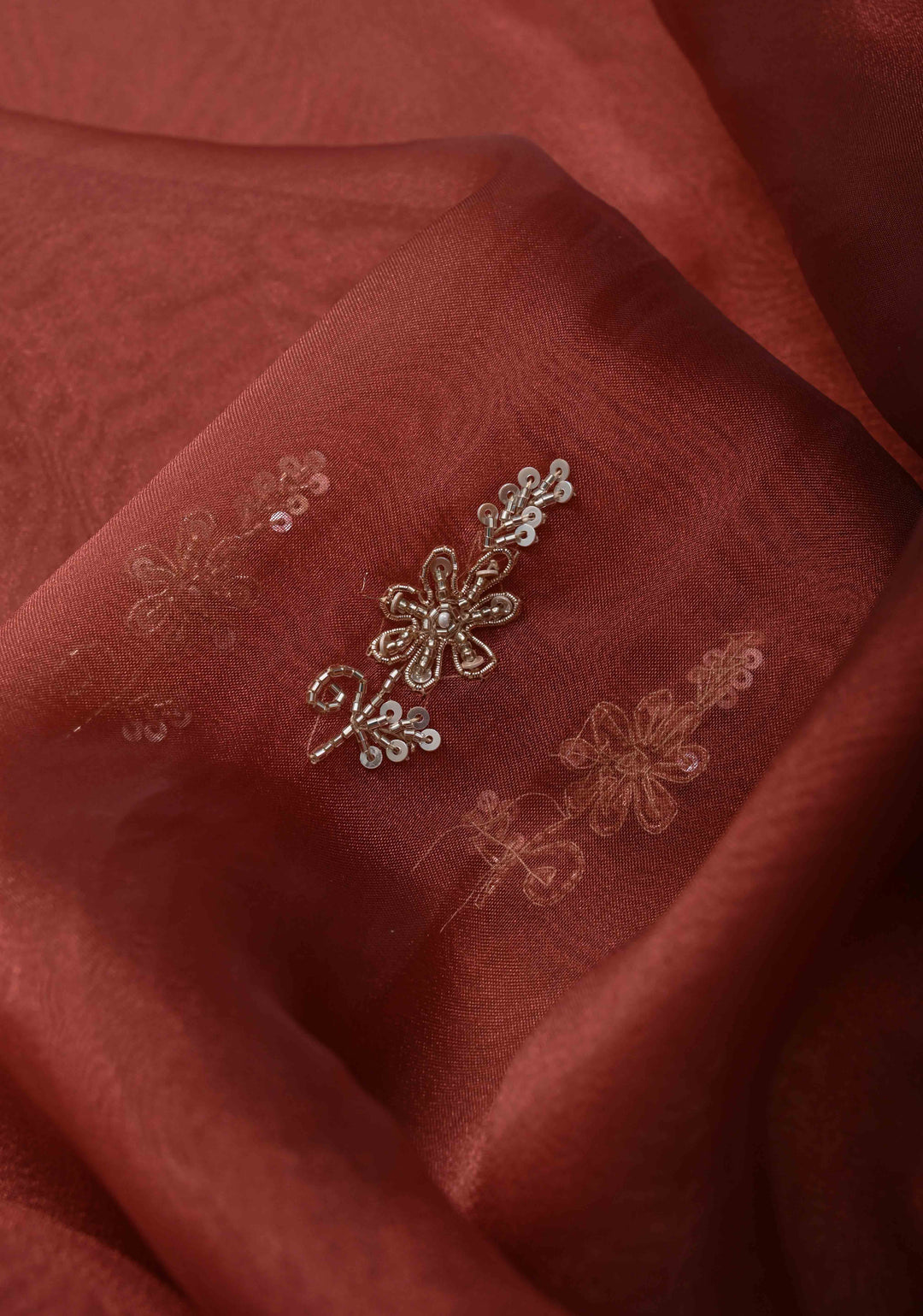 Rose Vale Tissue Organza Saree with Sequins, Cutdana, Moti Work and Scallop Border