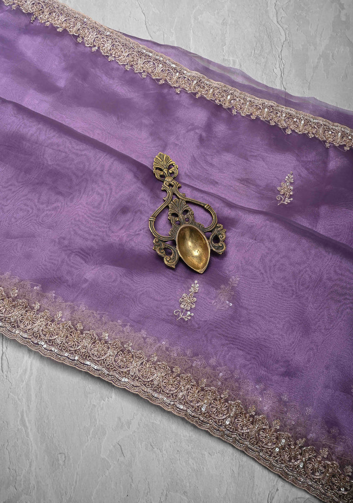 Amethyst Tissue Organza Saree with Sequins, Cutdana, Moti Work and Scallop Border