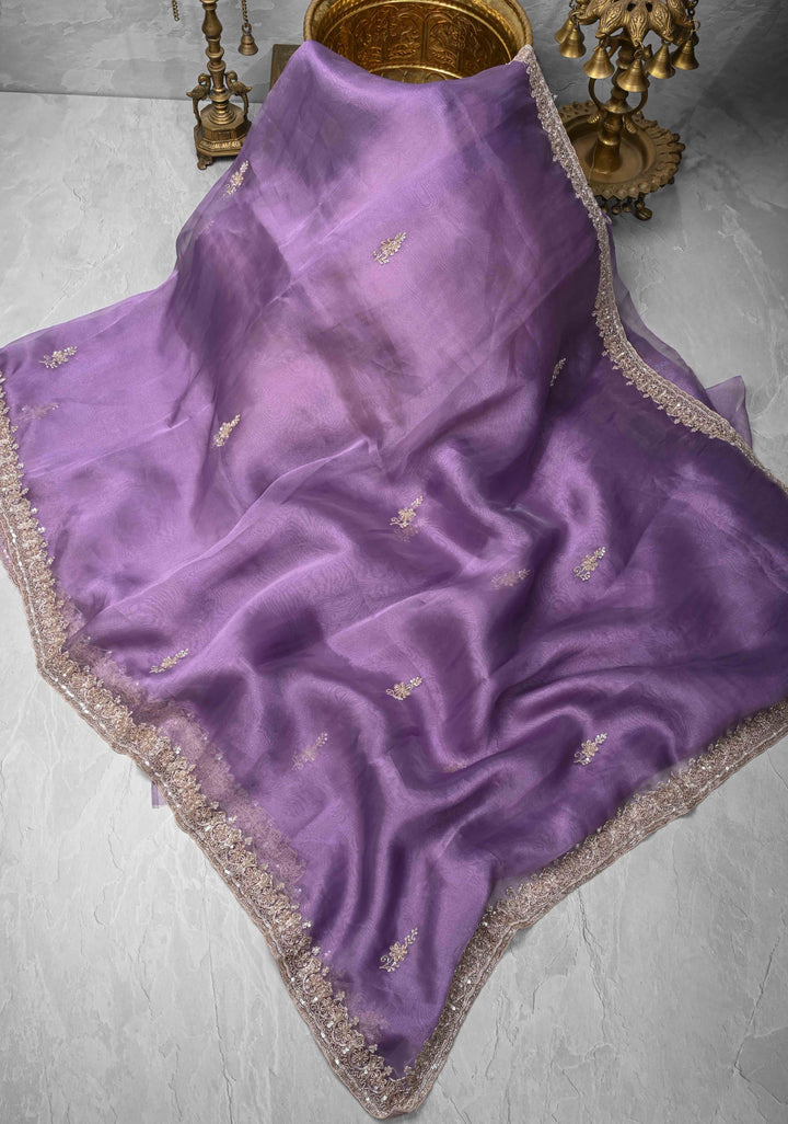 Amethyst Tissue Organza Saree with Sequins, Cutdana, Moti Work and Scallop Border