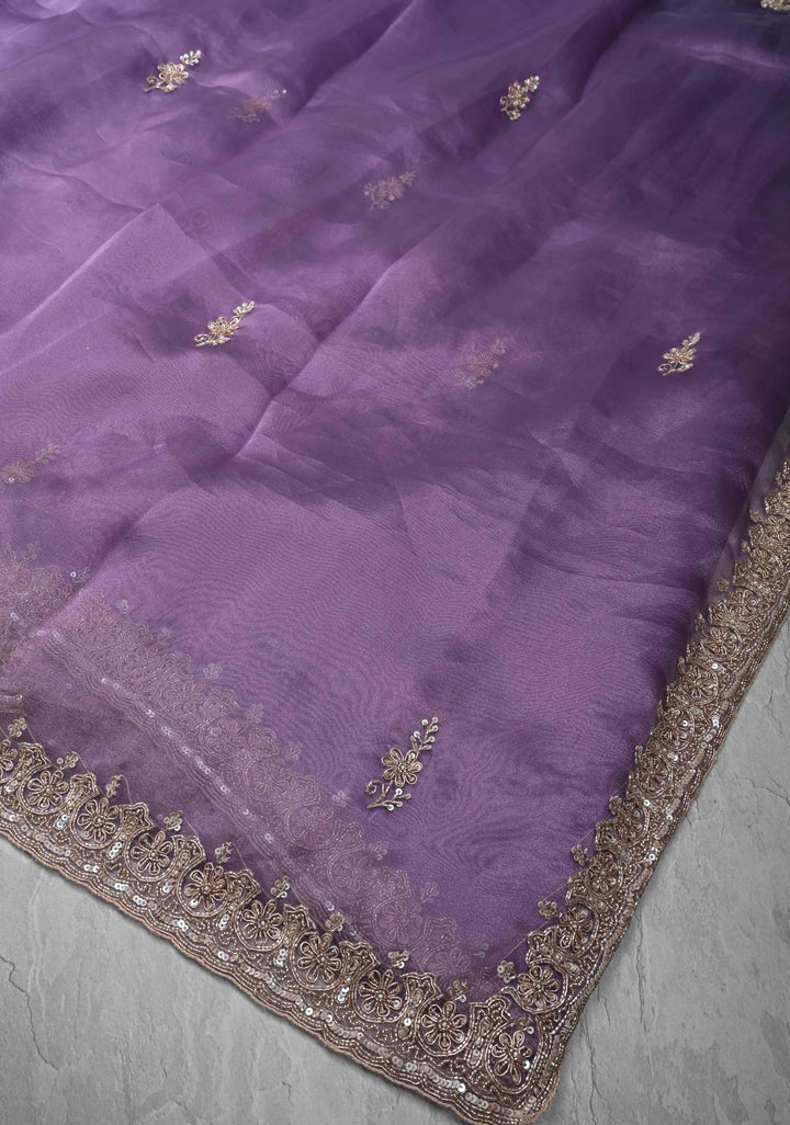 Amethyst Tissue Organza Saree with Sequins, Cutdana, Moti Work and Scallop Border