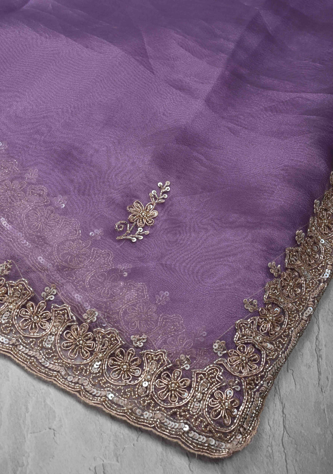 Amethyst Tissue Organza Saree with Sequins, Cutdana, Moti Work and Scallop Border