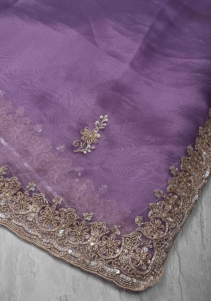Amethyst Tissue Organza Saree with Sequins, Cutdana, Moti Work and Scallop Border