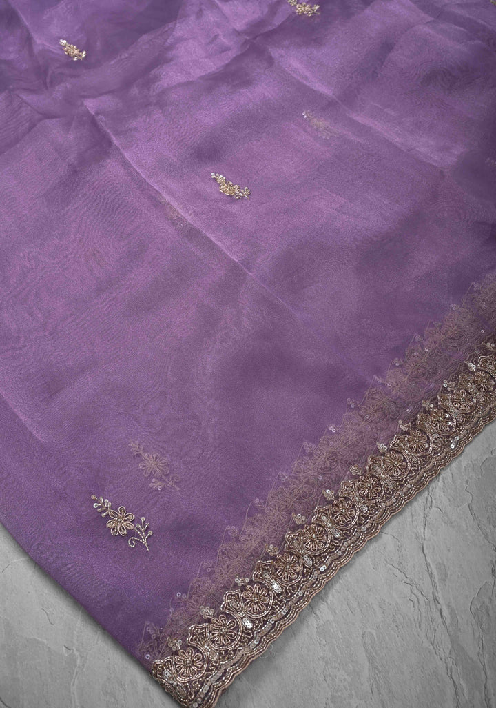 Amethyst Tissue Organza Saree with Sequins, Cutdana, Moti Work and Scallop Border