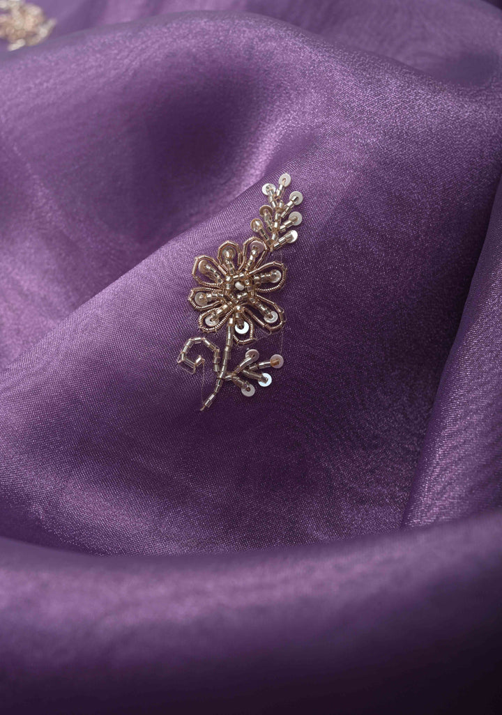 Amethyst Tissue Organza Saree with Sequins, Cutdana, Moti Work and Scallop Border
