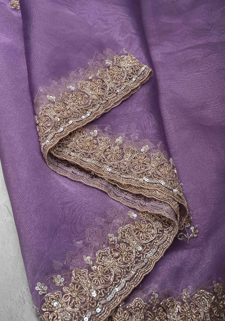 Amethyst Tissue Organza Saree with Sequins, Cutdana, Moti Work and Scallop Border