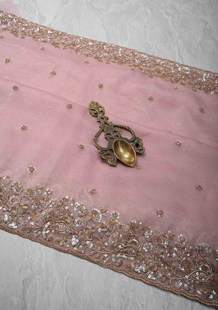 Dusty Pink Crushed Tissue Organza Saree with Sequins, Cutdana detailing and Scallop Border