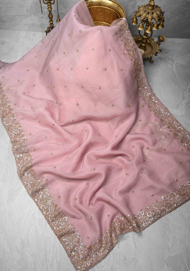 Dusty Pink Crushed Tissue Organza Saree with Sequins, Cutdana detailing and Scallop Border