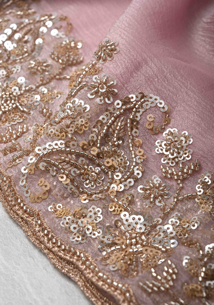 Dusty Pink Crushed Tissue Organza Saree with Sequins, Cutdana detailing and Scallop Border