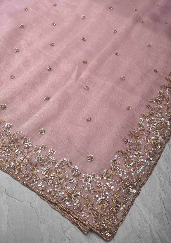 Dusty Pink Crushed Tissue Organza Saree with Sequins, Cutdana detailing and Scallop Border