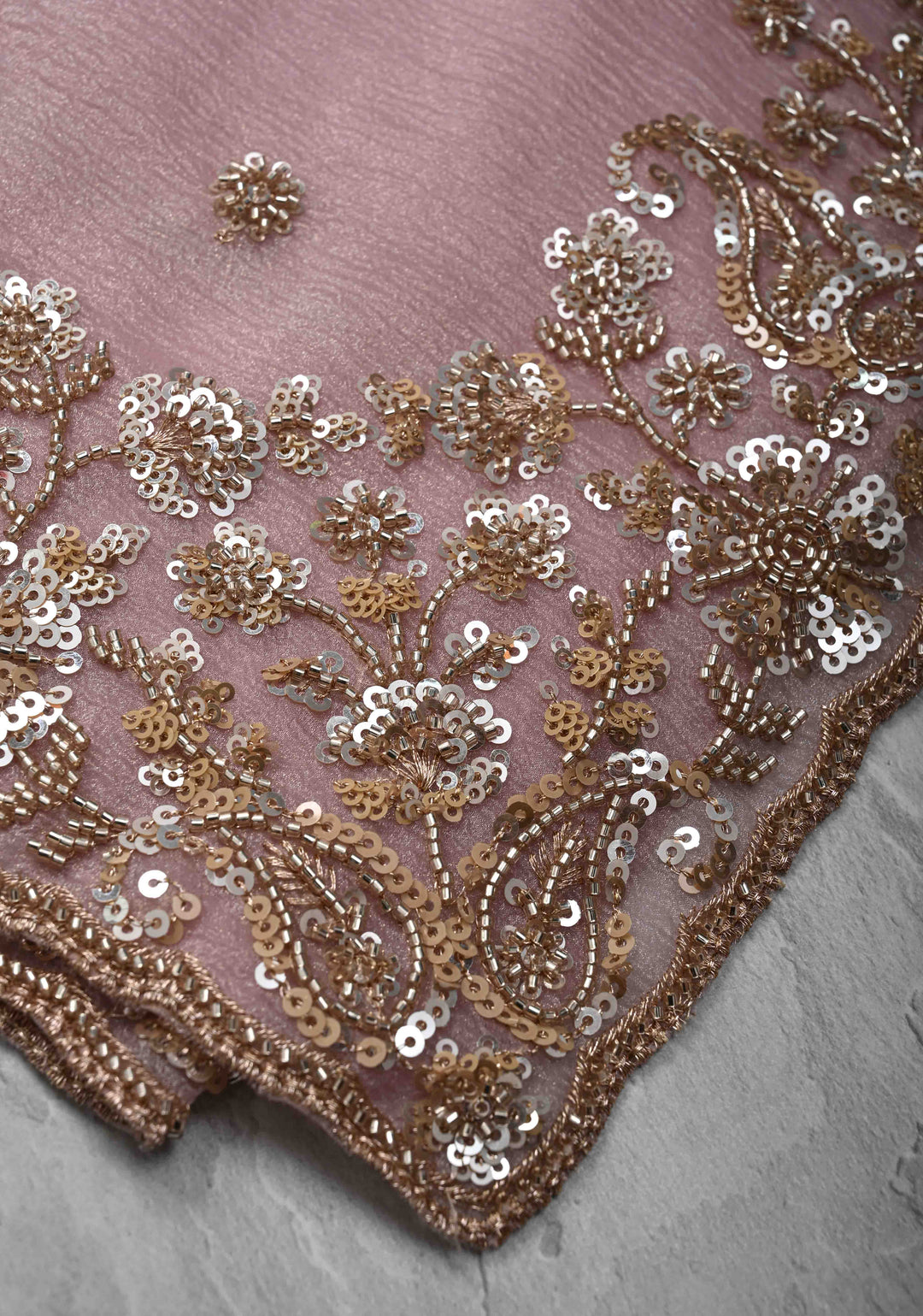 Dusty Pink Crushed Tissue Organza Saree with Sequins, Cutdana detailing and Scallop Border