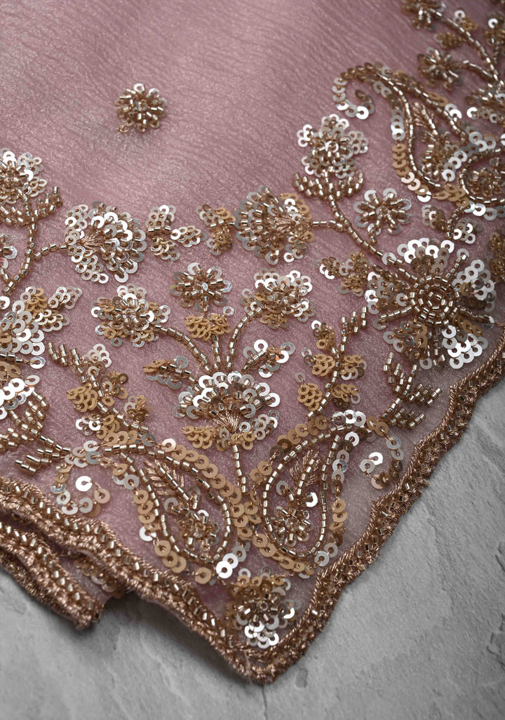 Dusty Pink Crushed Tissue Organza Saree with Sequins, Cutdana detailing and Scallop Border