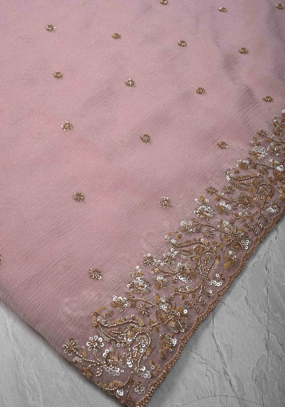 Dusty Pink Crushed Tissue Organza Saree with Sequins, Cutdana detailing and Scallop Border