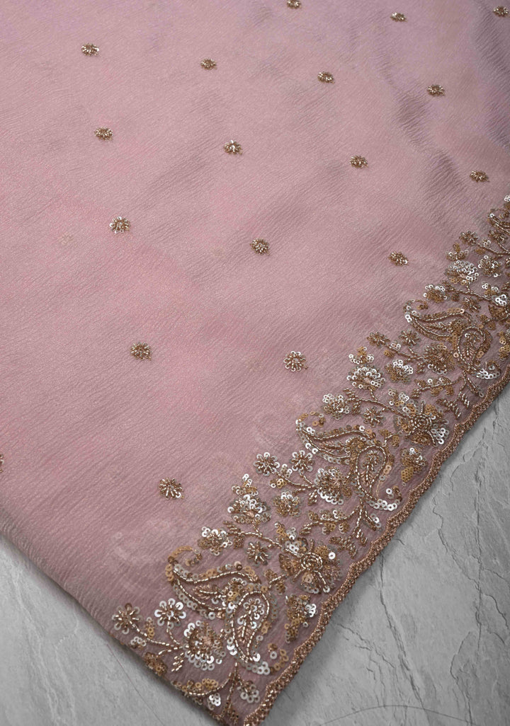 Dusty Pink Crushed Tissue Organza Saree with Sequins, Cutdana detailing and Scallop Border