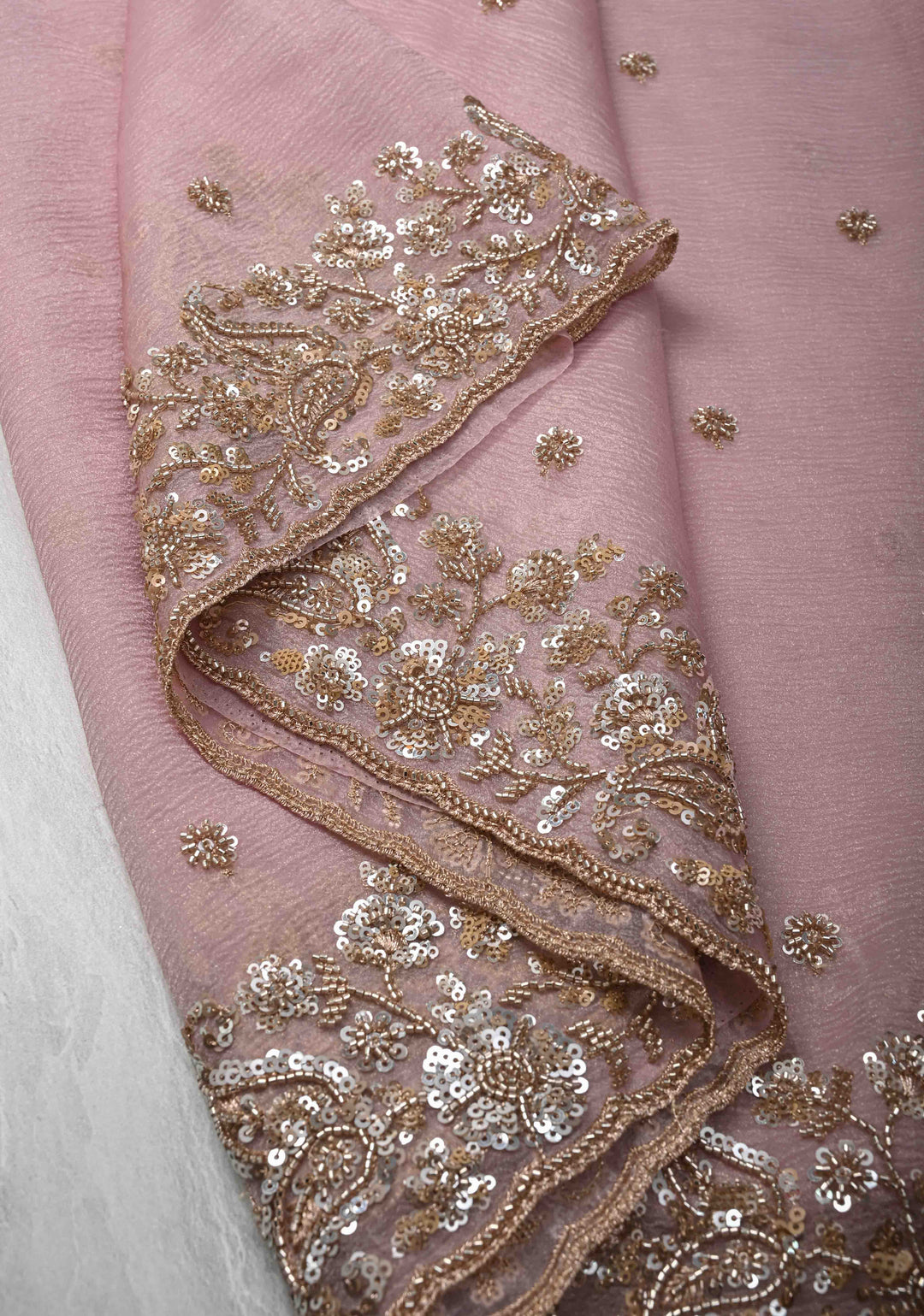 Dusty Pink Crushed Tissue Organza Saree with Sequins, Cutdana detailing and Scallop Border