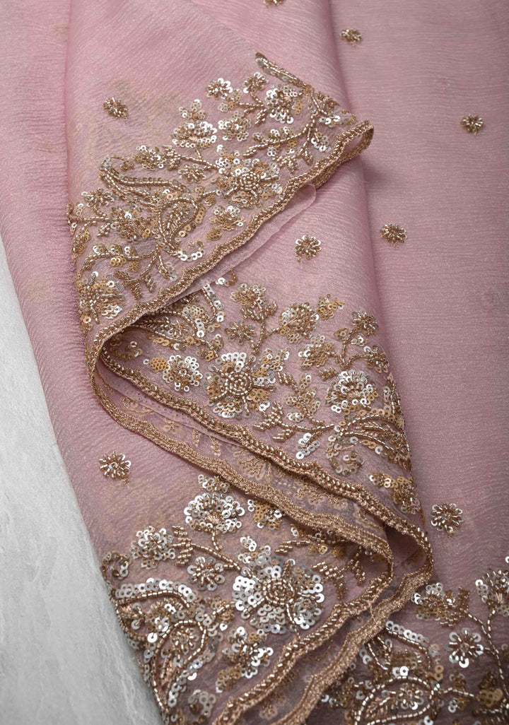 Dusty Pink Crushed Tissue Organza Saree with Sequins, Cutdana detailing and Scallop Border