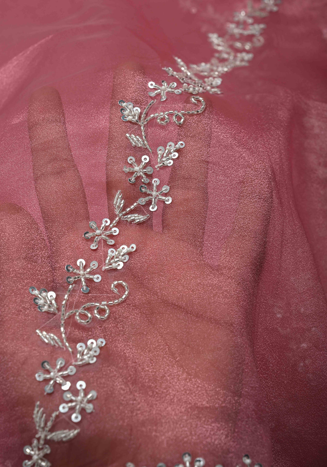Onion Pink Tissue Organza Saree with Sequins, Cutdana, Moti Work and Scallop Border