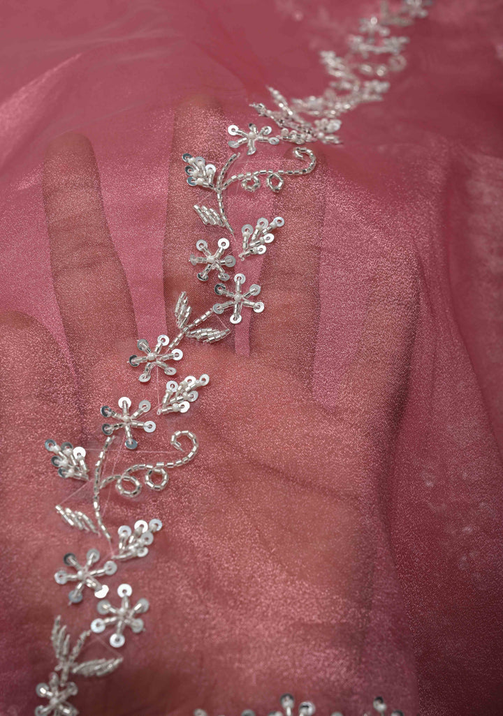 Onion Pink Tissue Organza Saree with Sequins, Cutdana, Moti Work and Scallop Border