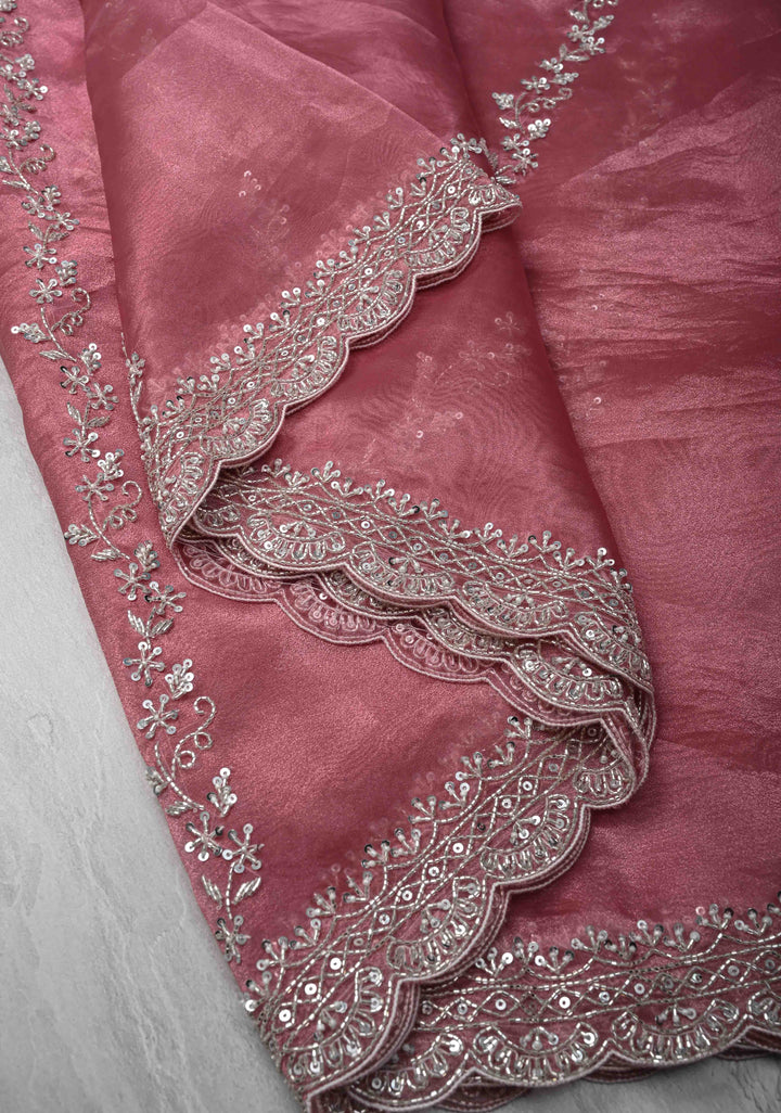 Onion Pink Tissue Organza Saree with Sequins, Cutdana, Moti Work and Scallop Border