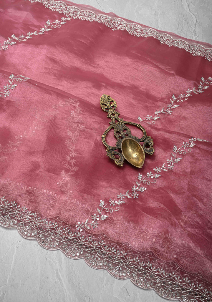 Onion Pink Tissue Organza Saree with Sequins, Cutdana, Moti Work and Scallop Border