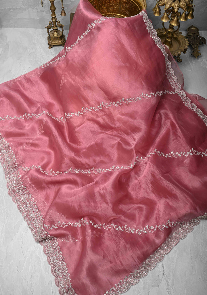 Onion Pink Tissue Organza Saree with Sequins, Cutdana, Moti Work and Scallop Border