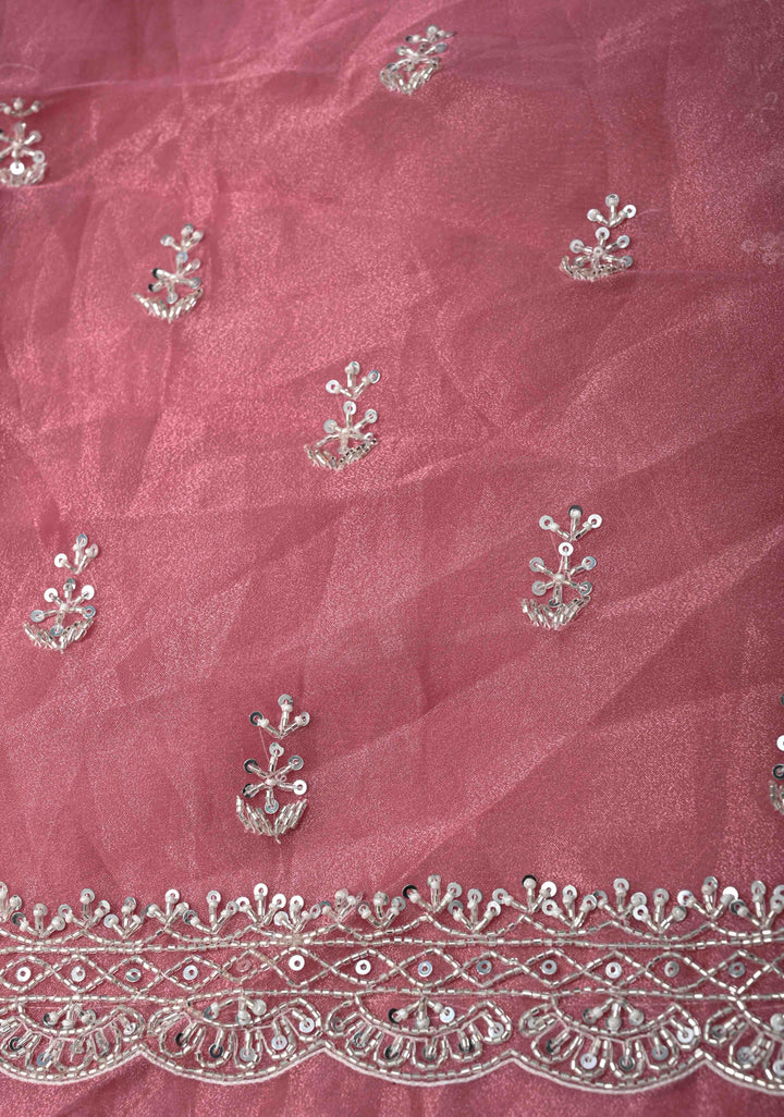 Onion Pink Tissue Organza Saree with Sequins, Cutdana, Moti Work and Scallop Border
