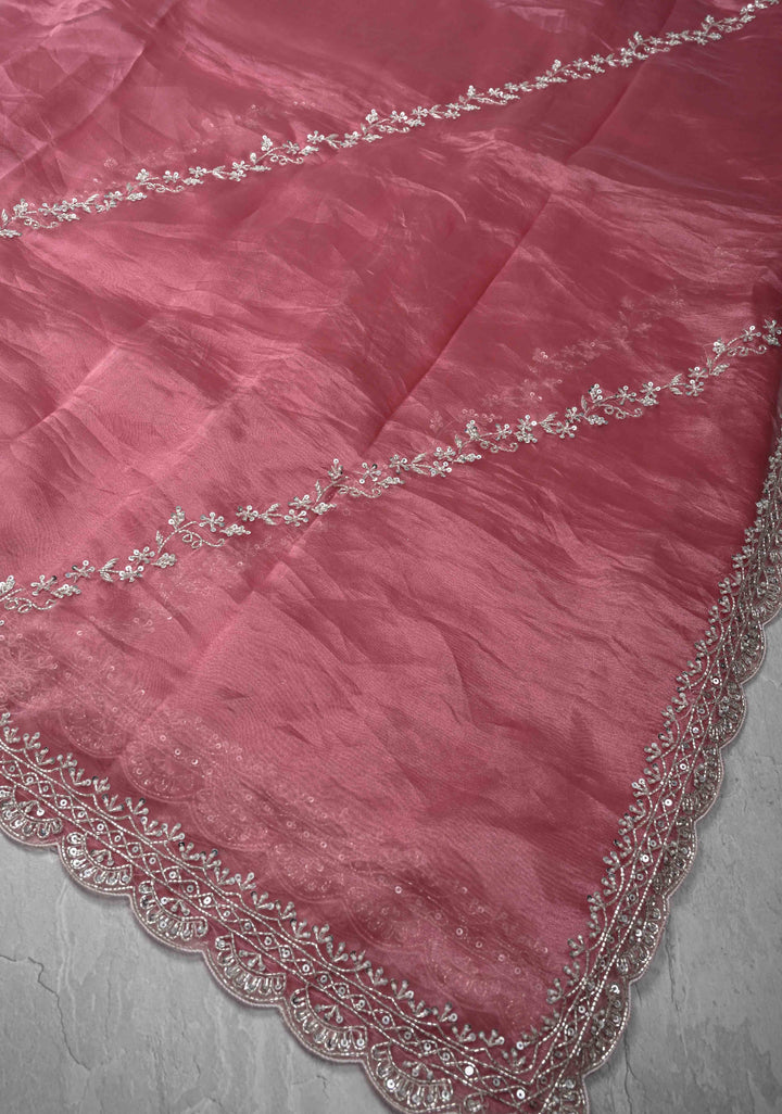 Onion Pink Tissue Organza Saree with Sequins, Cutdana, Moti Work and Scallop Border