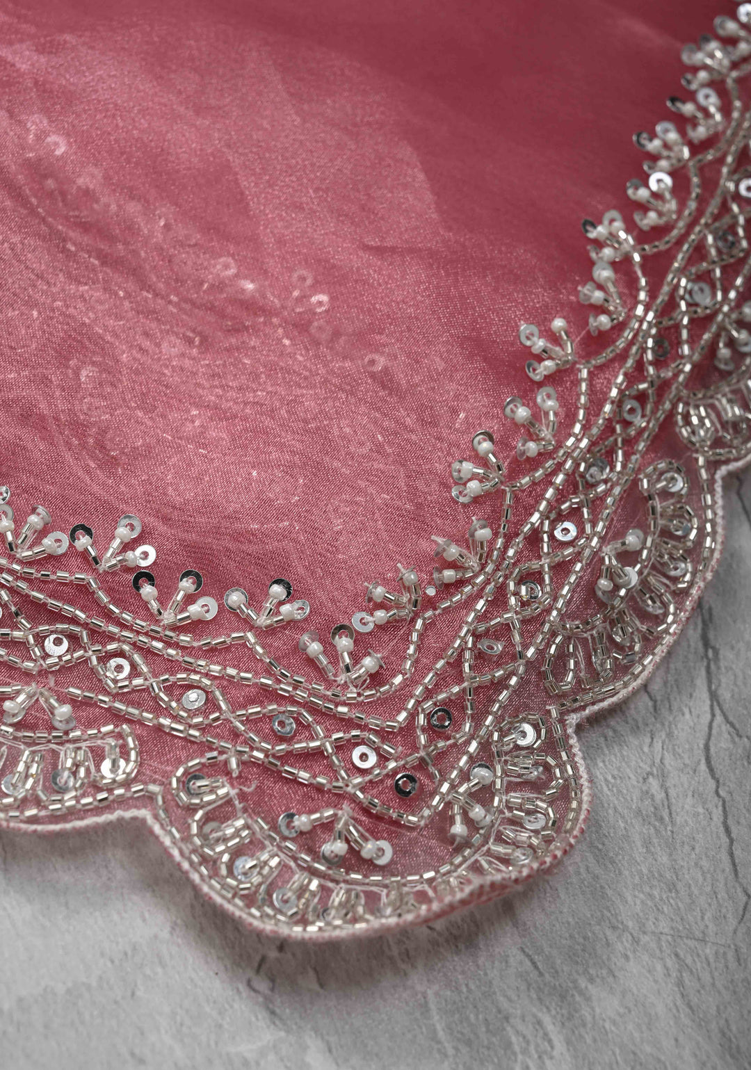 Onion Pink Tissue Organza Saree with Sequins, Cutdana, Moti Work and Scallop Border