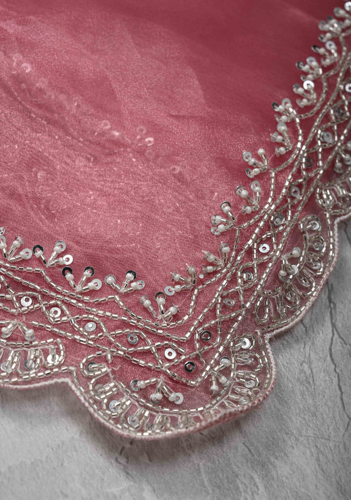 Onion Pink Tissue Organza Saree with Sequins, Cutdana, Moti Work and Scallop Border