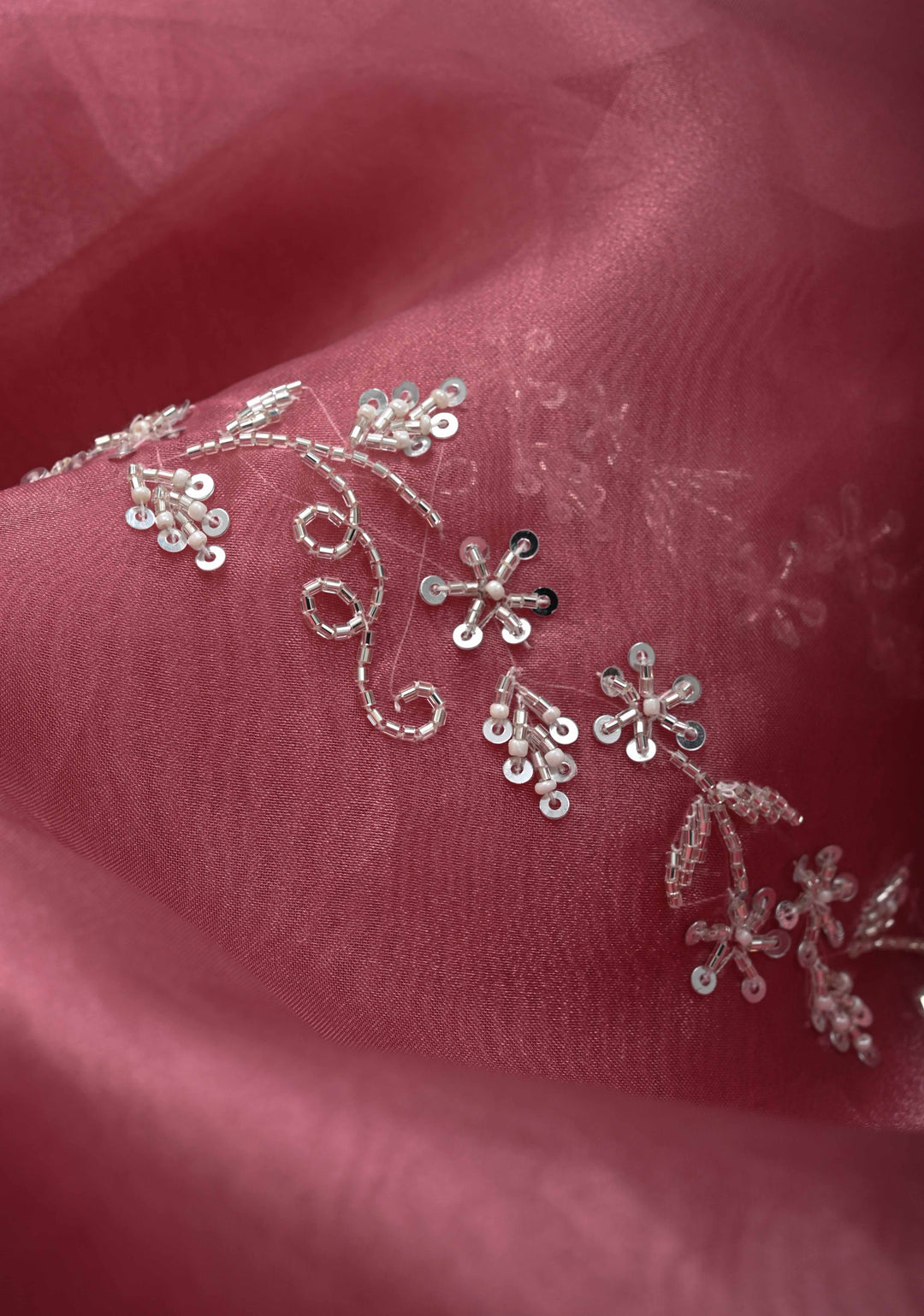 Onion Pink Tissue Organza Saree with Sequins, Cutdana, Moti Work and Scallop Border