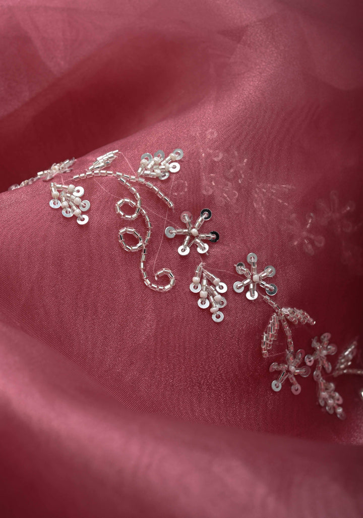 Onion Pink Tissue Organza Saree with Sequins, Cutdana, Moti Work and Scallop Border