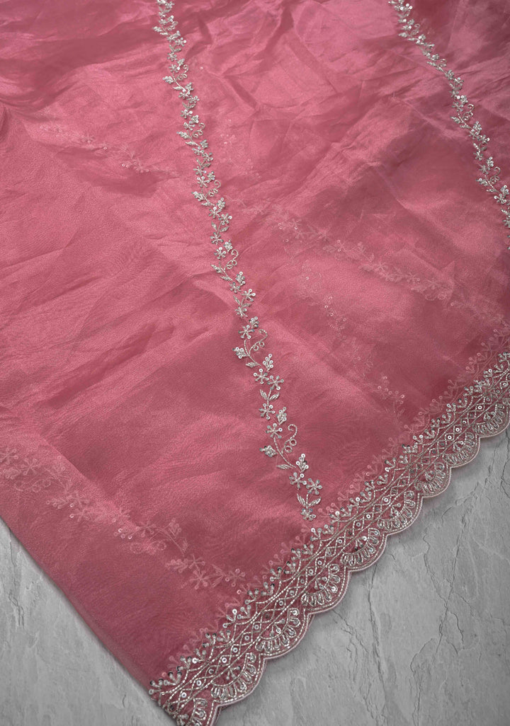 Onion Pink Tissue Organza Saree with Sequins, Cutdana, Moti Work and Scallop Border