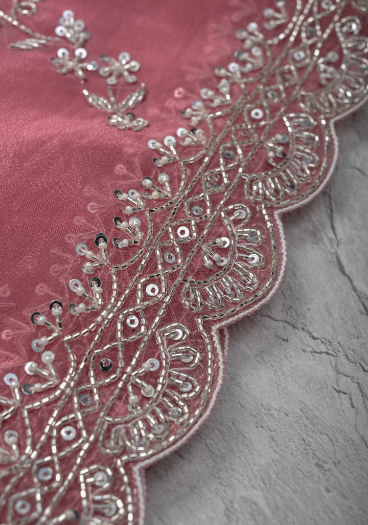 Onion Pink Tissue Organza Saree with Sequins, Cutdana, Moti Work and Scallop Border