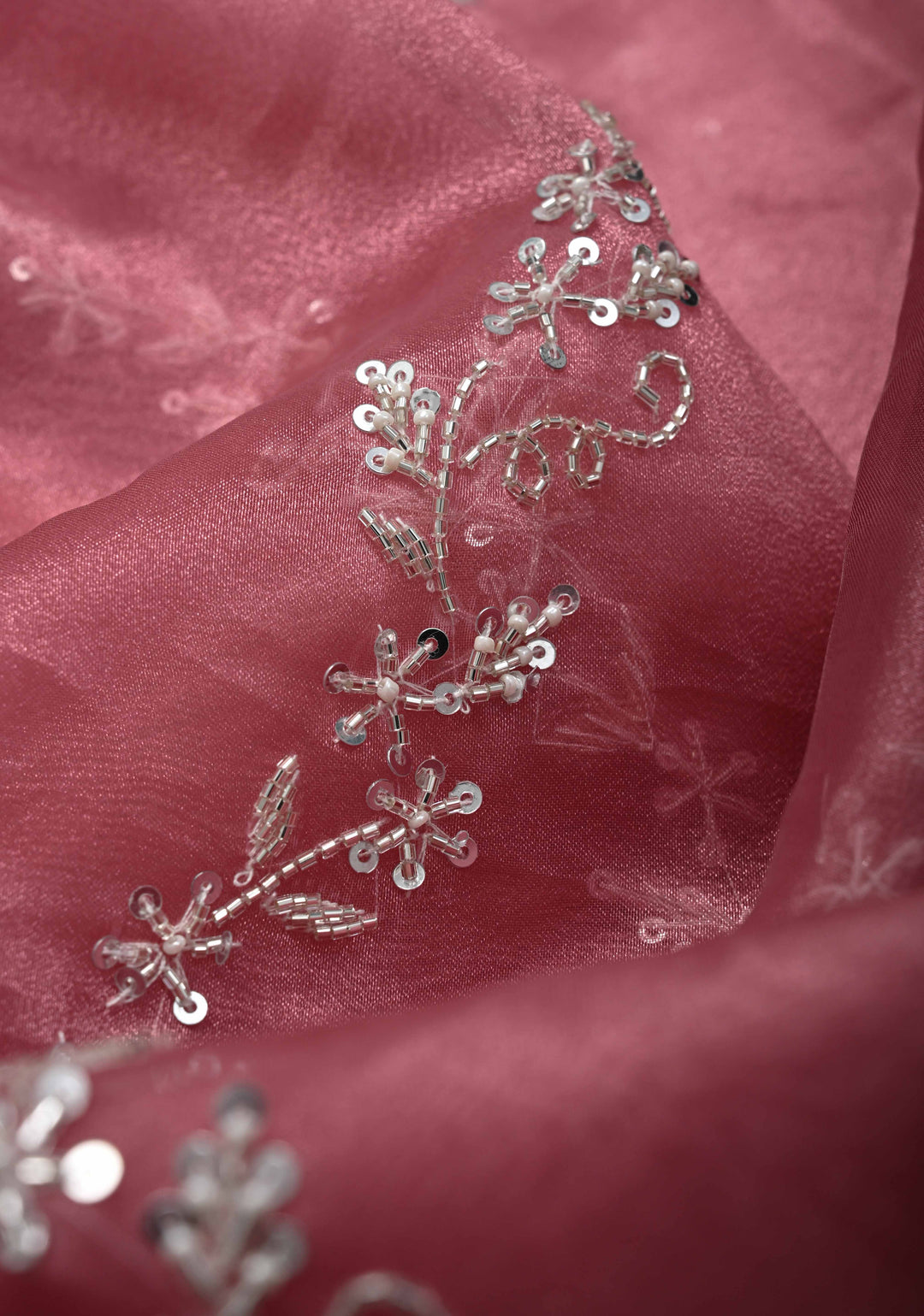 Onion Pink Tissue Organza Saree with Sequins, Cutdana, Moti Work and Scallop Border