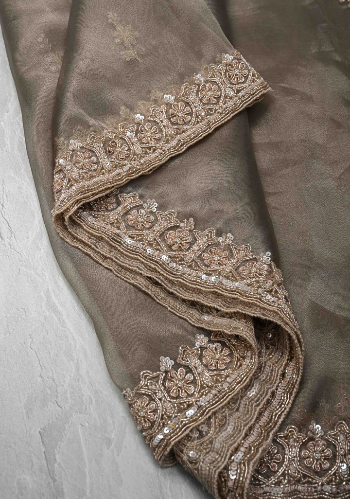 Gray Tissue Organza Saree with Sequins, Cutdana Work and Scallop Border