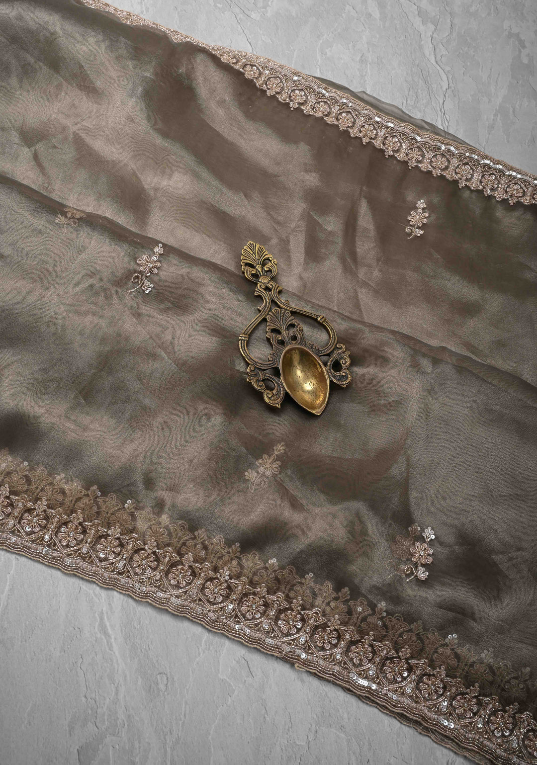 Gray Tissue Organza Saree with Sequins, Cutdana Work and Scallop Border