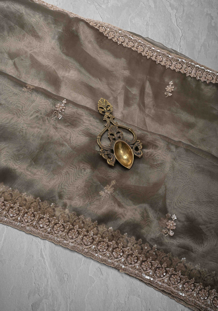 Gray Tissue Organza Saree with Sequins, Cutdana Work and Scallop Border