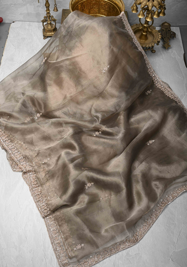 Gray Tissue Organza Saree with Sequins, Cutdana Work and Scallop Border
