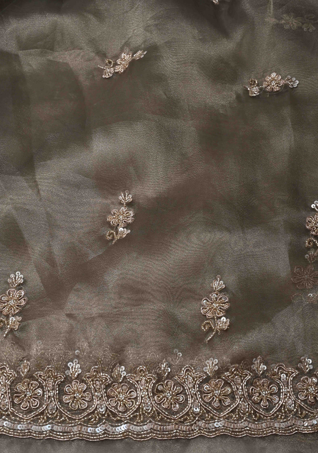 Gray Tissue Organza Saree with Sequins, Cutdana Work and Scallop Border