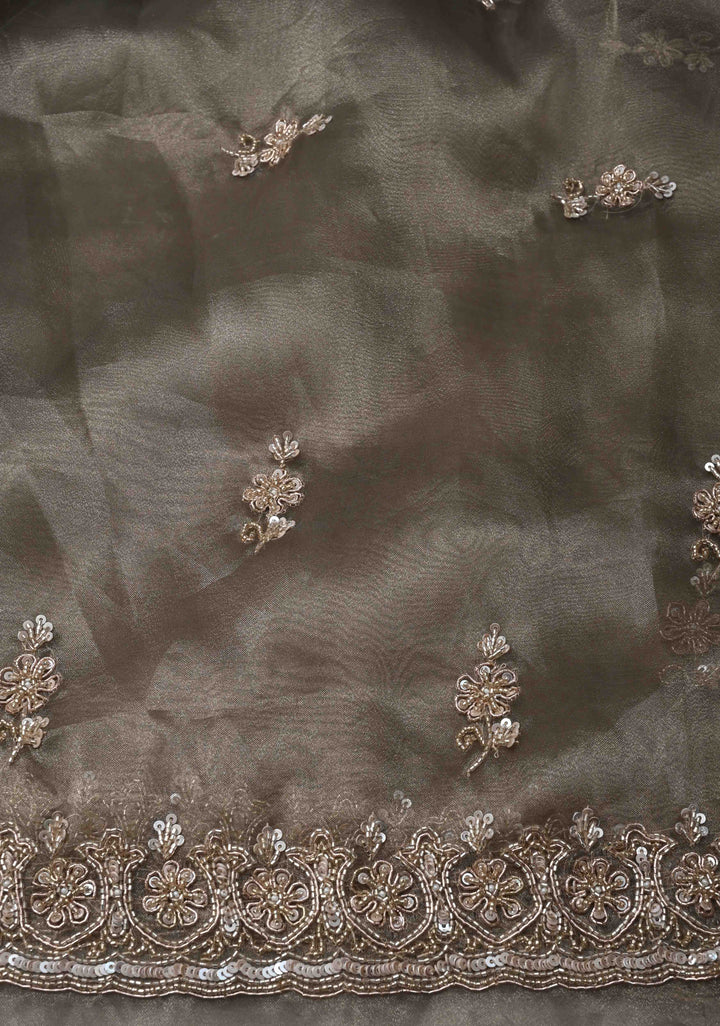 Gray Tissue Organza Saree with Sequins, Cutdana Work and Scallop Border