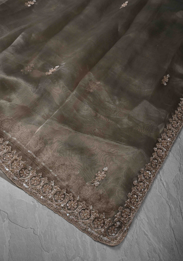 Gray Tissue Organza Saree with Sequins, Cutdana Work and Scallop Border