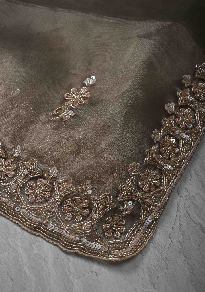Gray Tissue Organza Saree with Sequins, Cutdana Work and Scallop Border
